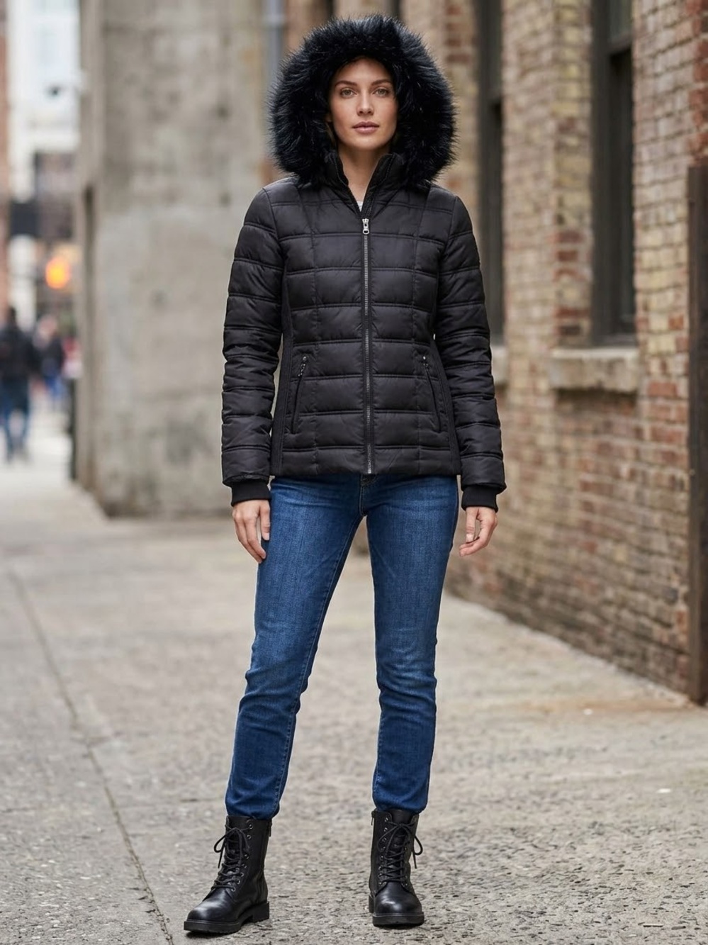 Náutica Women’s Black Quilted Puffer Jacket with Faux Fur Hood. Size XL